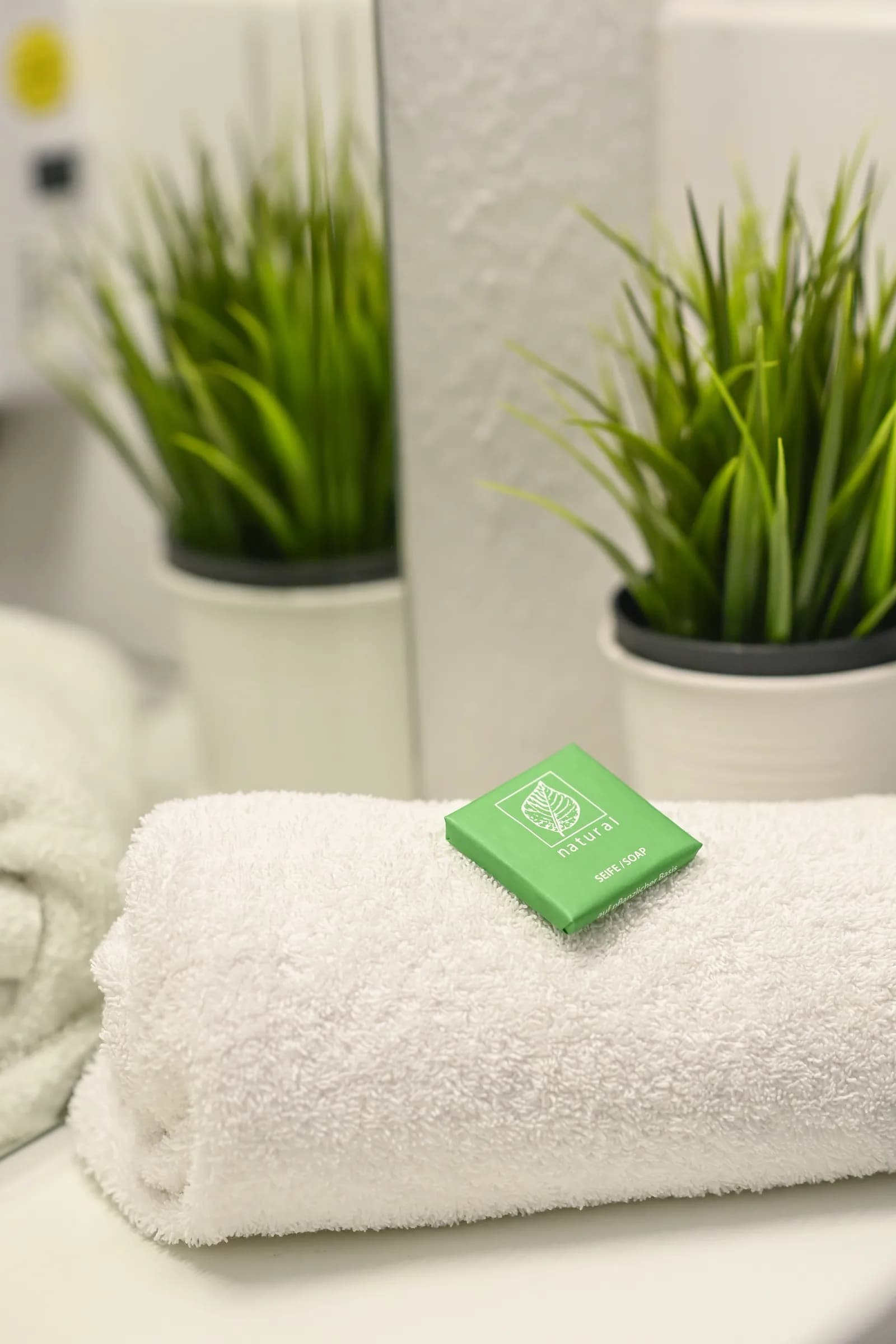 Serviettes fraîches avec plante dans la salle de bain
